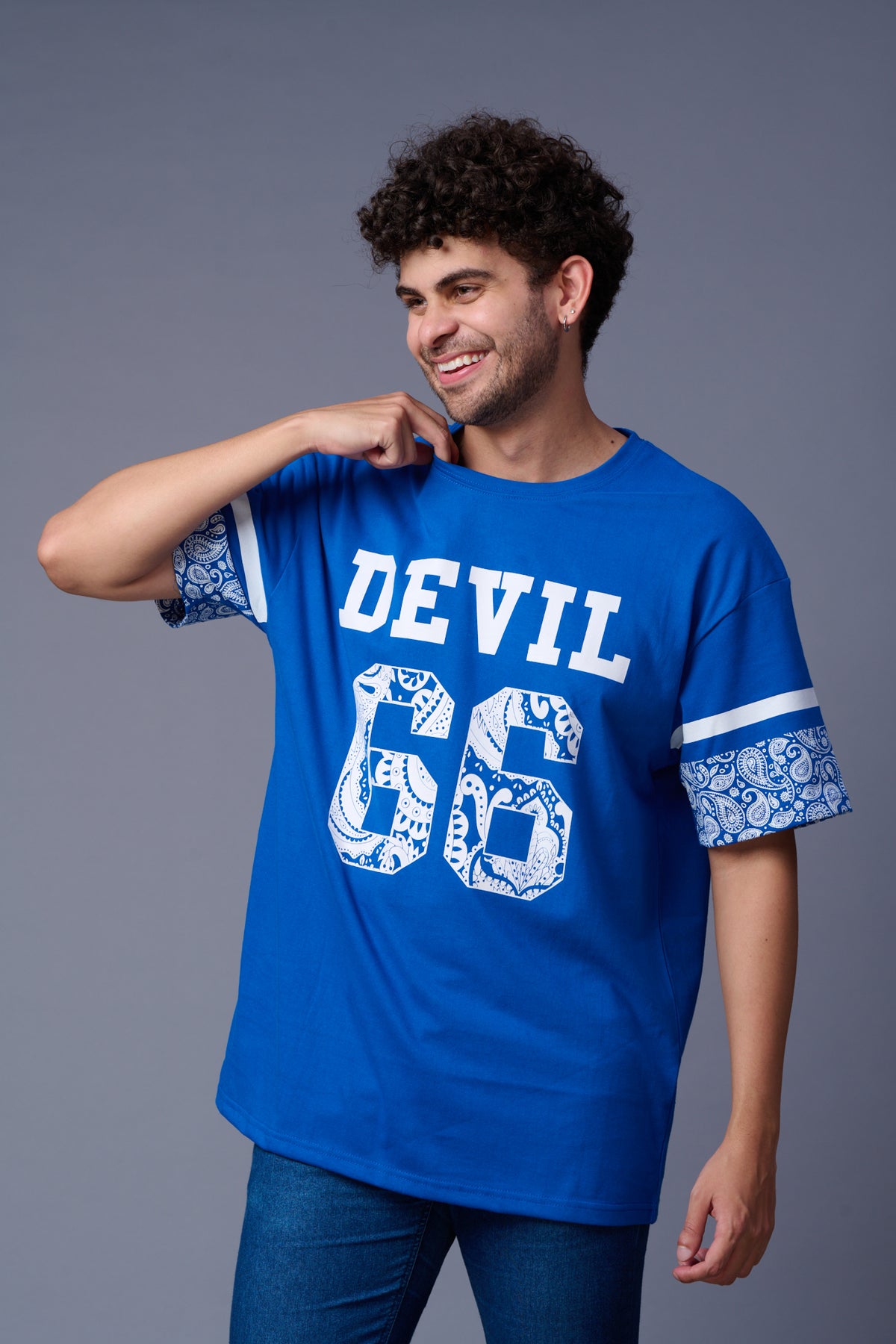 Go Devil 66 (In White  Paisley) Printed Blue Oversized T-Shirt for Men