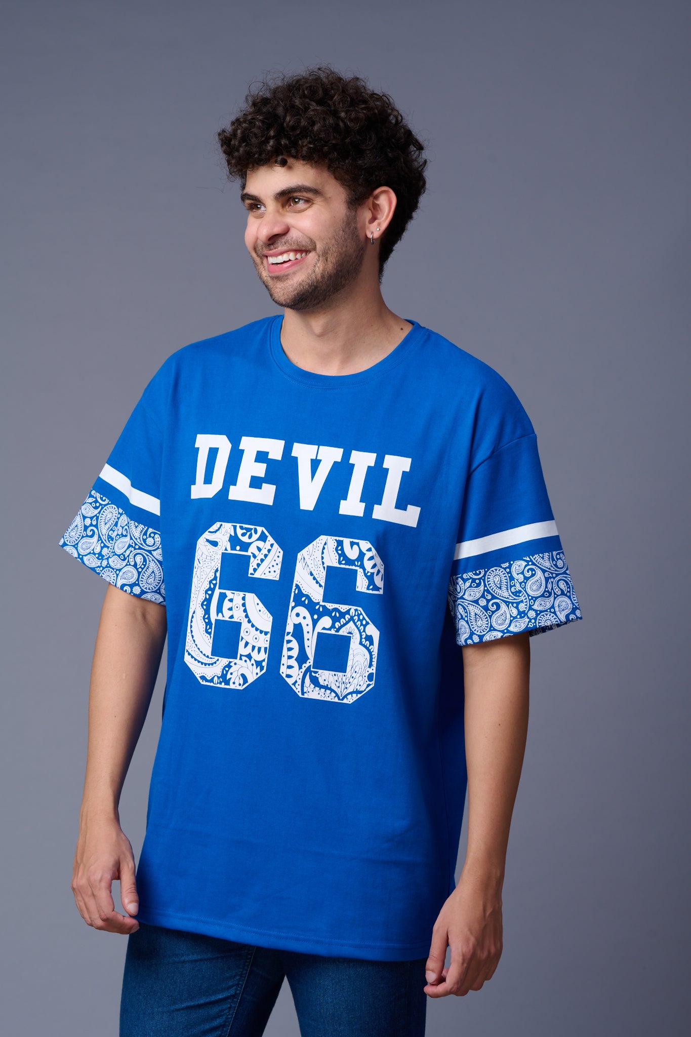 Go Devil 66 (In White  Paisley) Printed Blue Oversized T-Shirt for Men