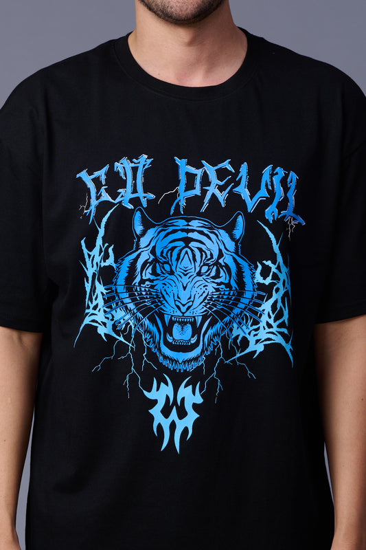 Tiger in Blue Printed Black   Oversized T-Shirt for Men