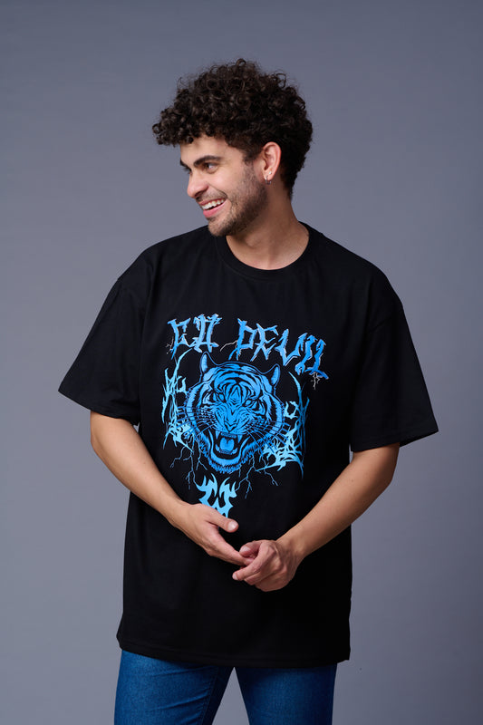 Tiger in Blue Printed Black   Oversized T-Shirt for Men
