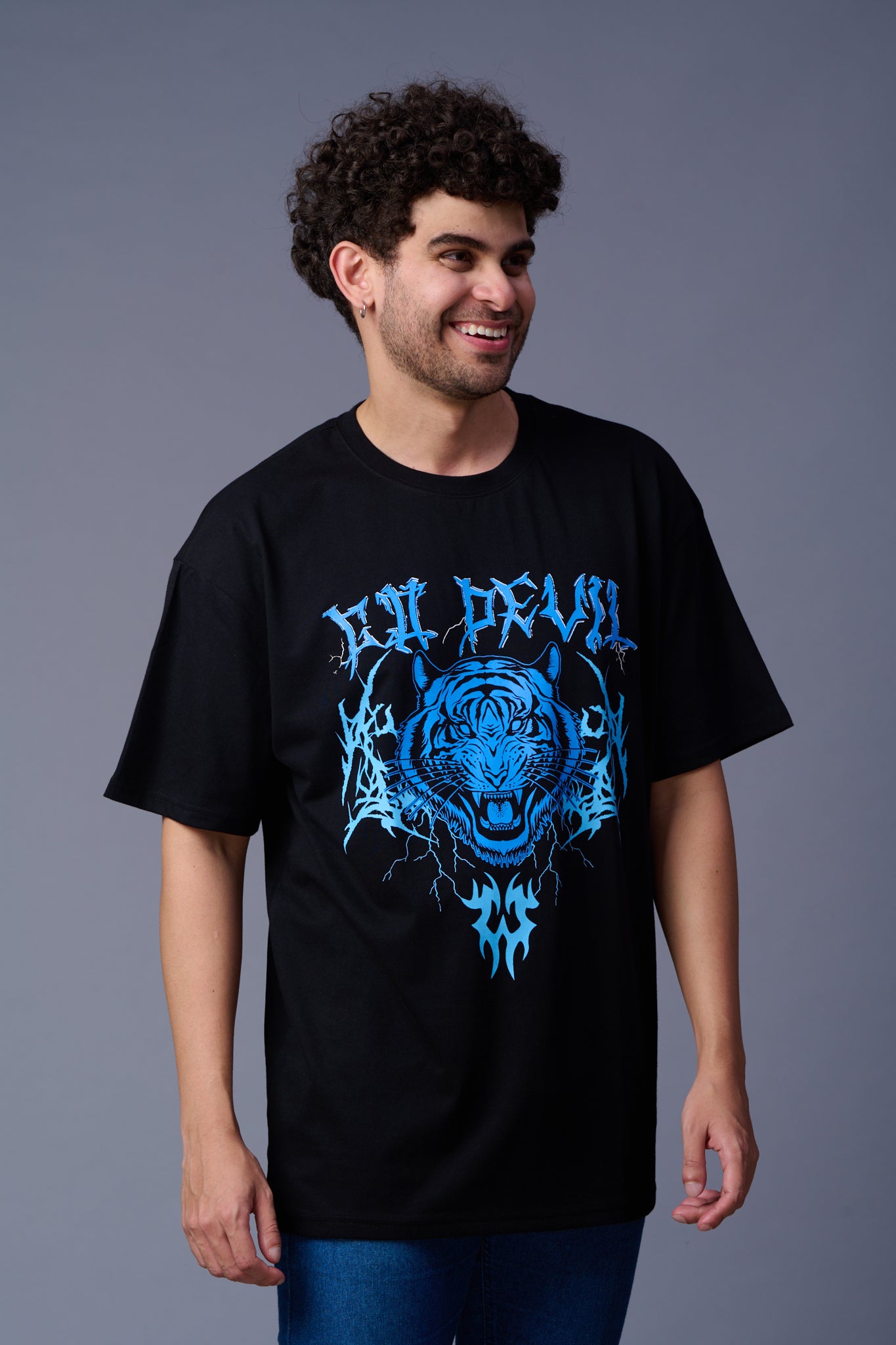 Tiger in Blue Printed Black   Oversized T-Shirt for Men