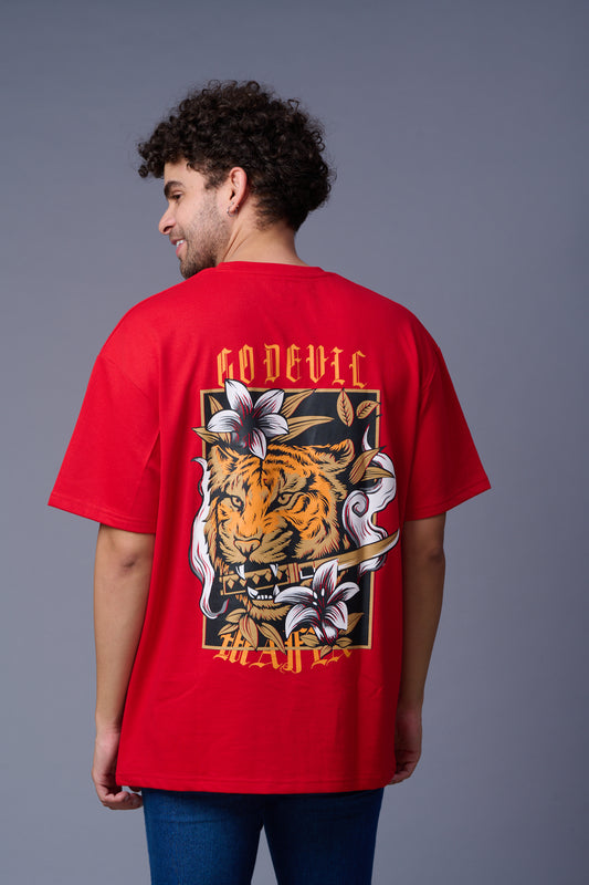 Back Tiger Printed Red  Oversized T-Shirt for Men