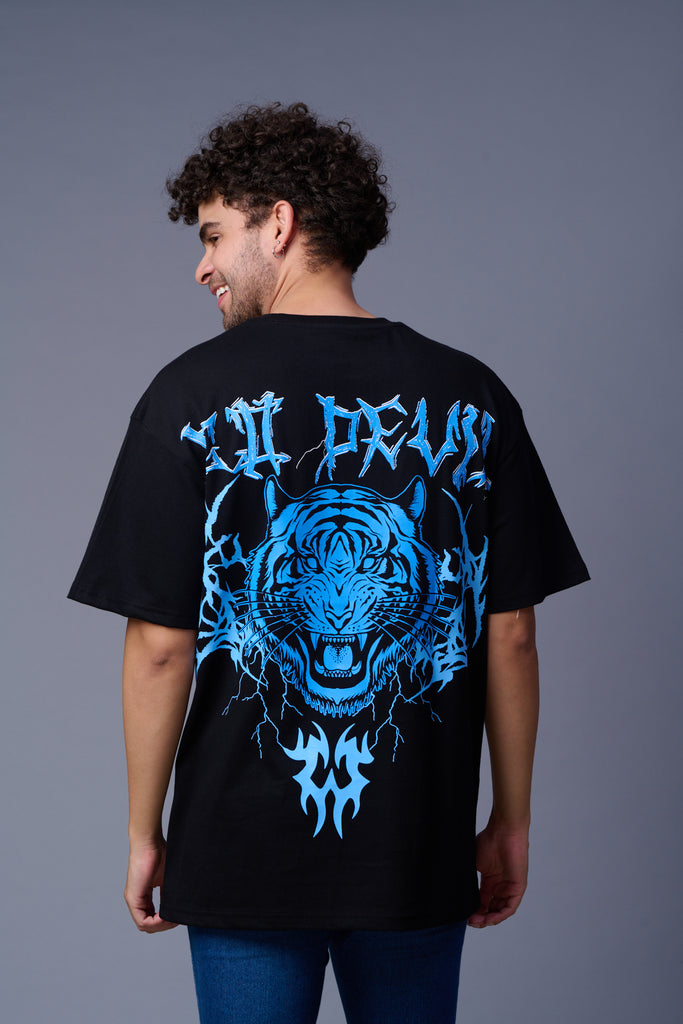 Back Tiger (in Blue) Printed Black Oversized T-Shirt for Men by Go