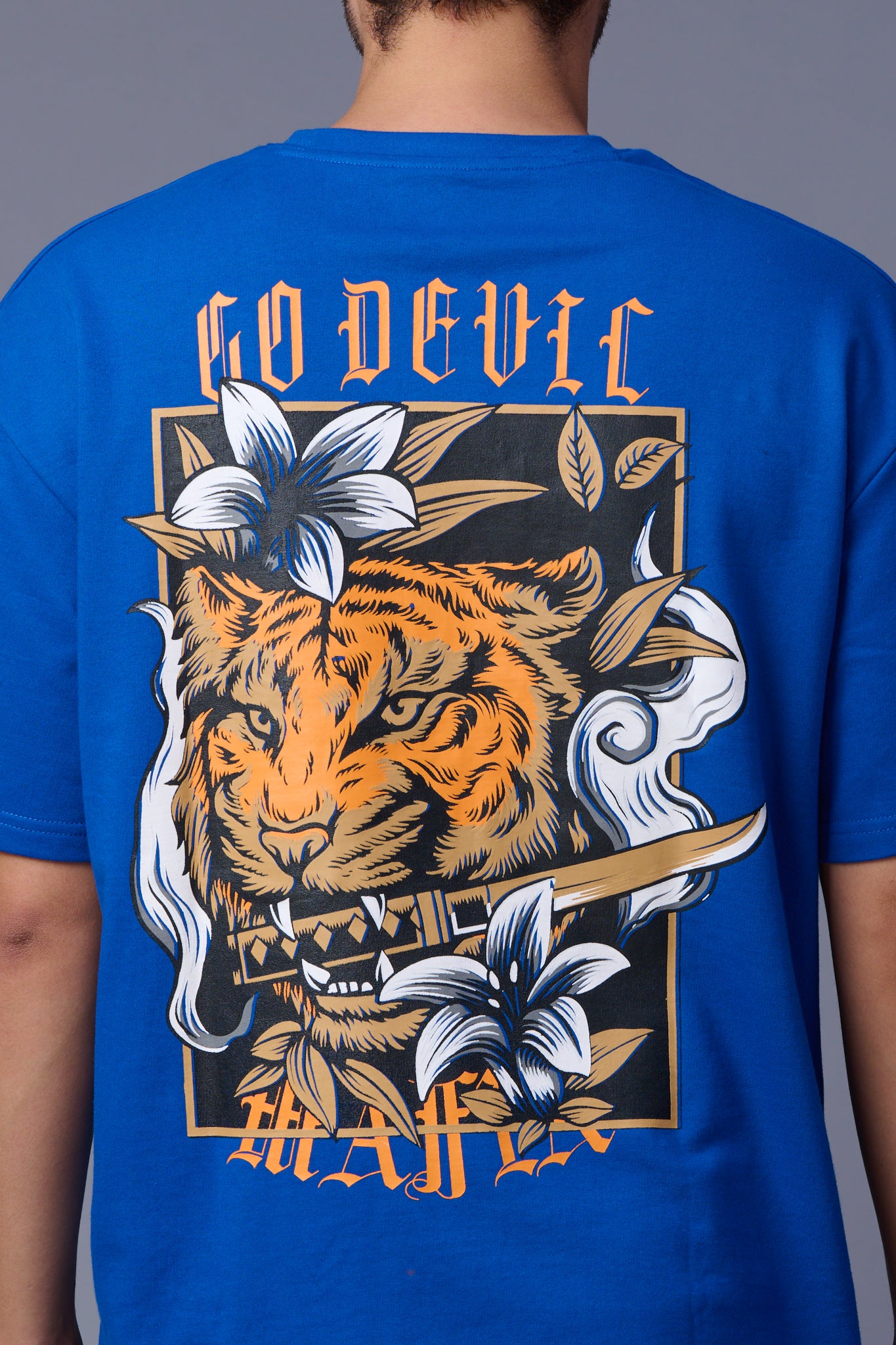 Back Tiger Printed Dark Blue  Oversized T-Shirt for Men