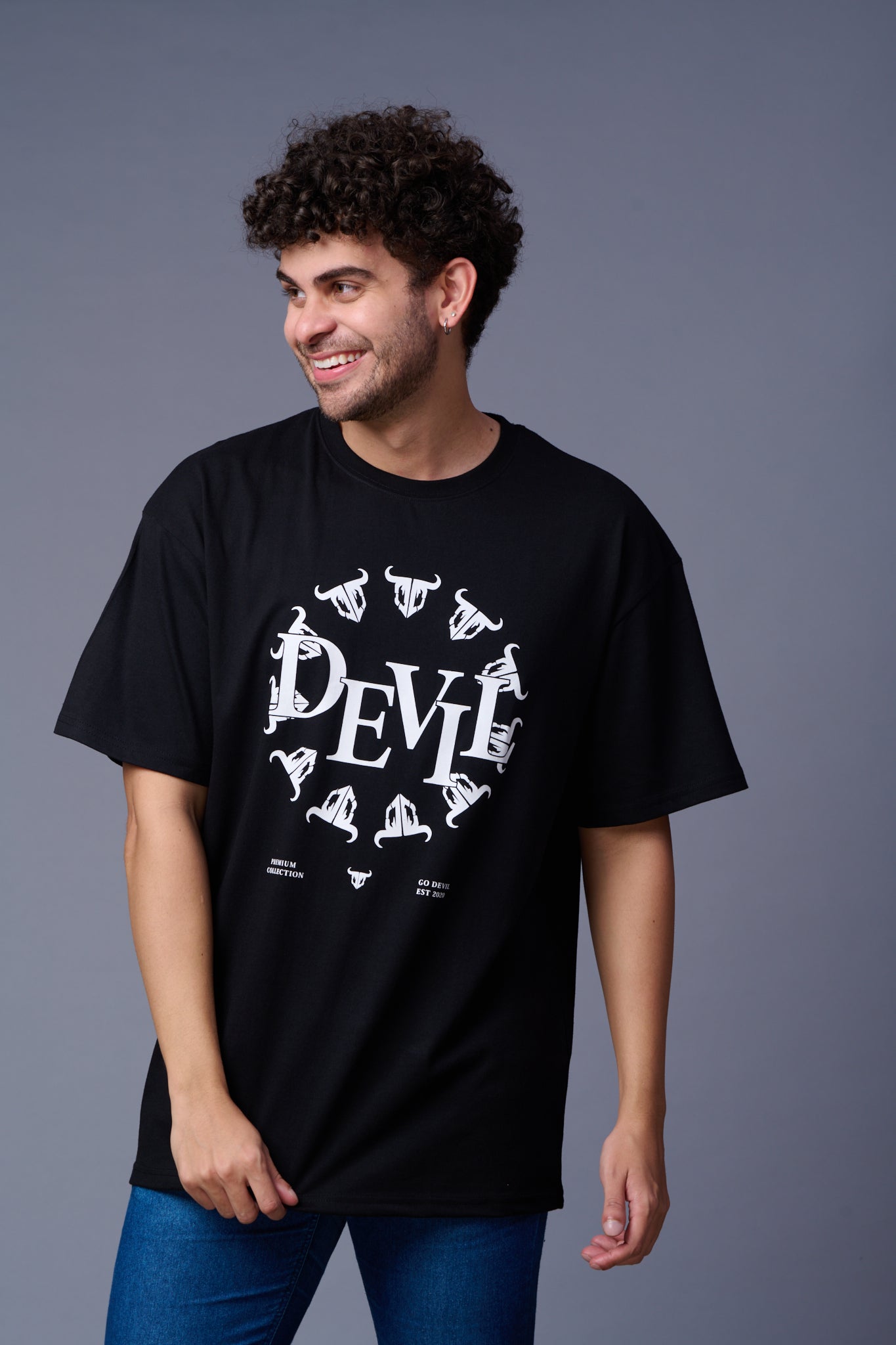 Devil Stamp Printed Black Oversized T-Shirt for Men