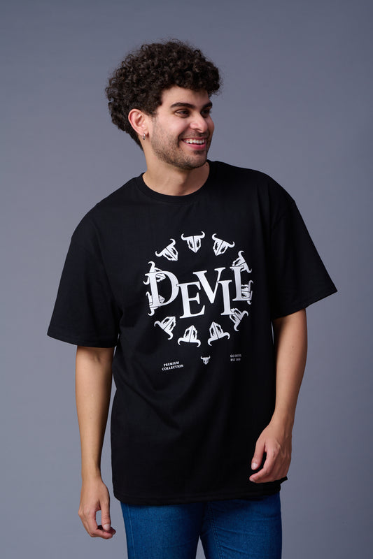 Devil Stamp Printed Black Oversized T-Shirt for Men