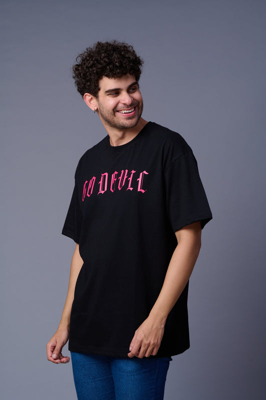 Devil Tiger in Pink Printed Black Oversized T-Shirt for Men