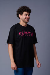 Devil Tiger in Pink Printed Black Oversized T-Shirt for Men