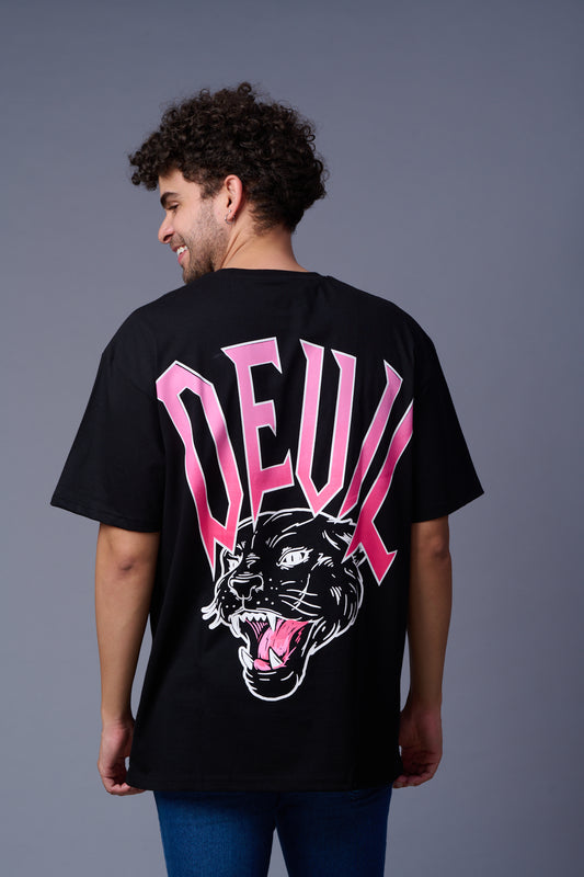 Devil Tiger in Pink Printed Black Oversized T-Shirt for Men