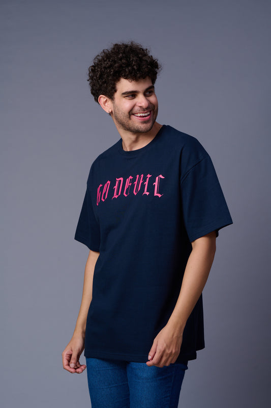Devil  Tiger in Pink Printed Navy Blue Oversized T-Shirt for Men