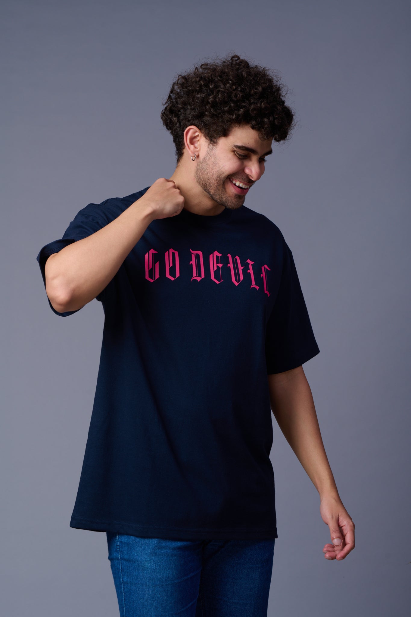 Devil  Tiger in Pink Printed Navy Blue Oversized T-Shirt for Men