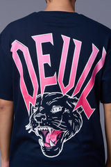 Devil  Tiger in Pink Printed Navy Blue Oversized T-Shirt for Men