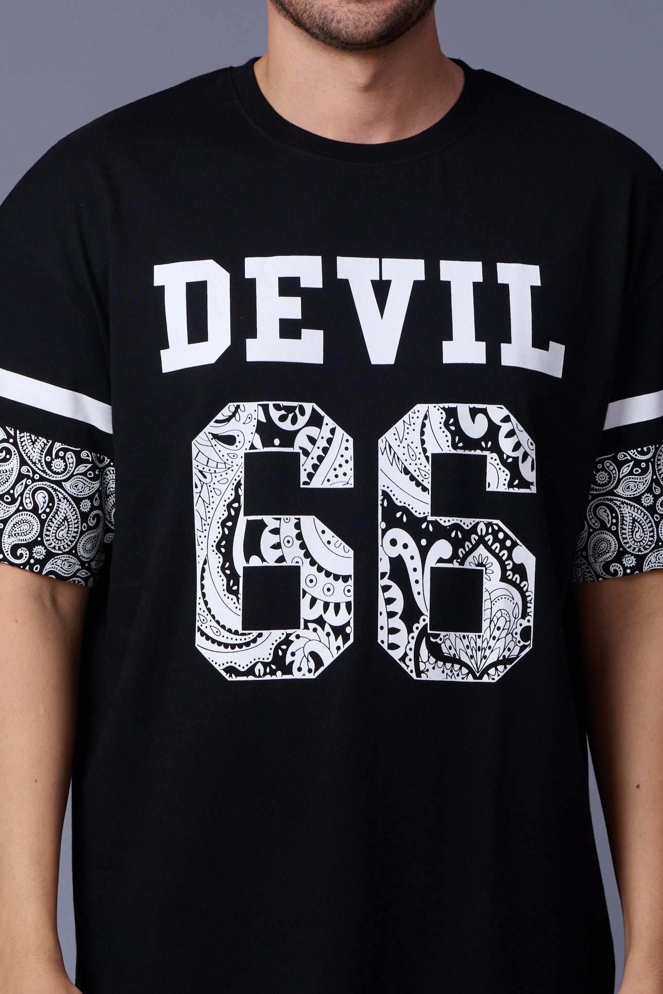 Go Devil 66 (In White) Paisely  Printed Black Oversized T-Shirt for Men