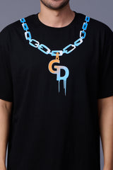 GD in Chain Printed Black Oversized T-Shirt for Men