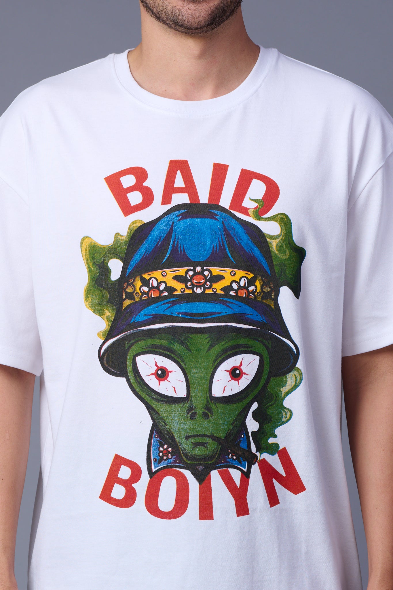 Baid Boiyn Printed White Oversized T-Shirt for Men