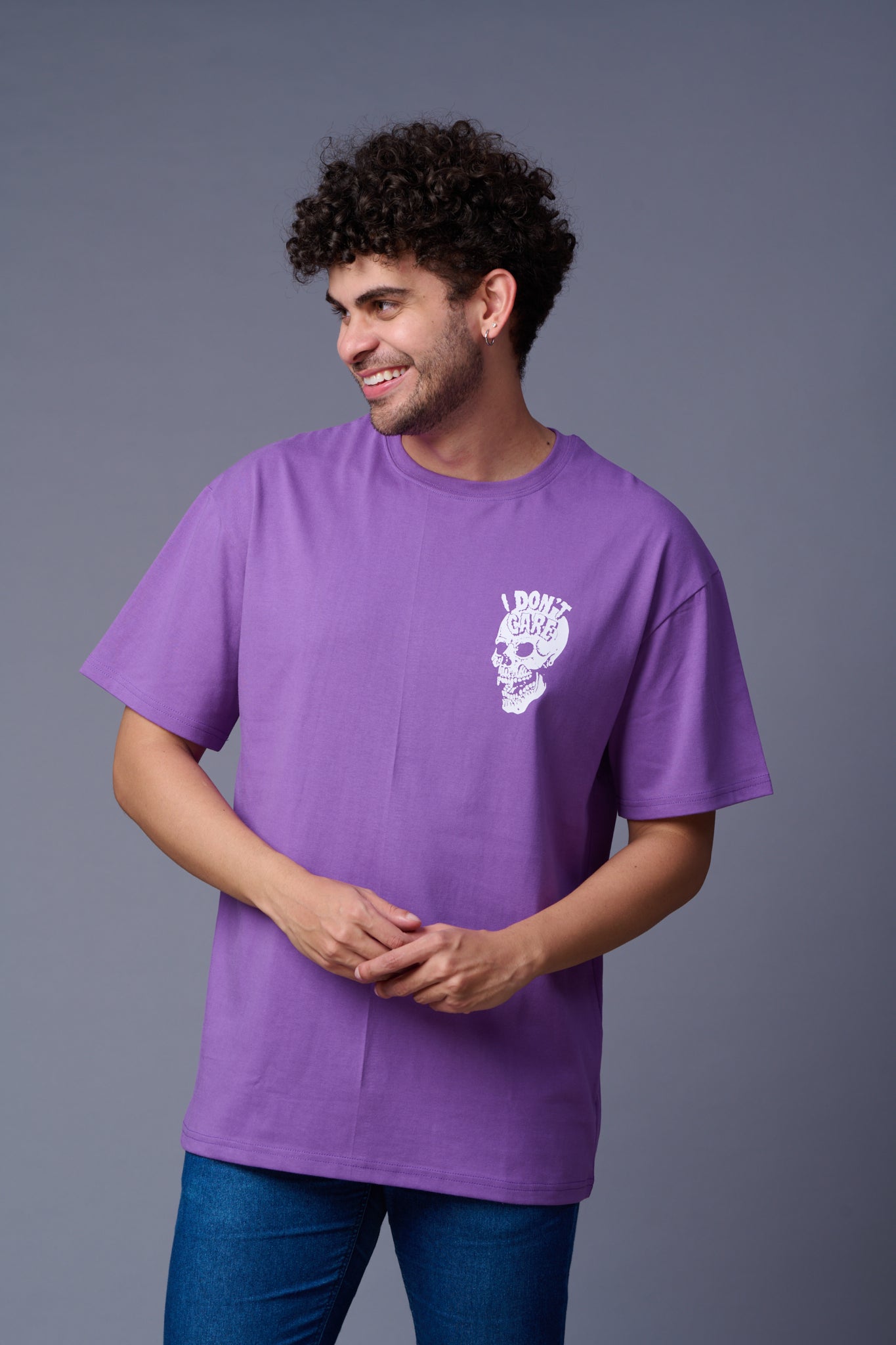 I Don't Care Printed Purple Oversized T-Shirt for Men