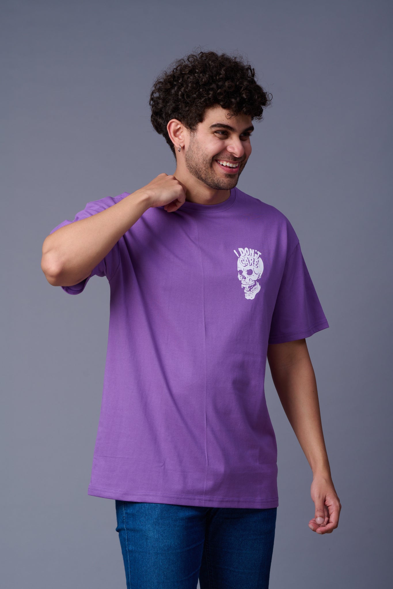 I Don't Care Printed Purple Oversized T-Shirt for Men