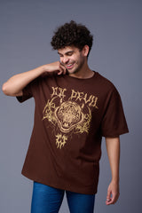 Go Devil (Tiger) Printed Brown Oversized T-Shirt for Men