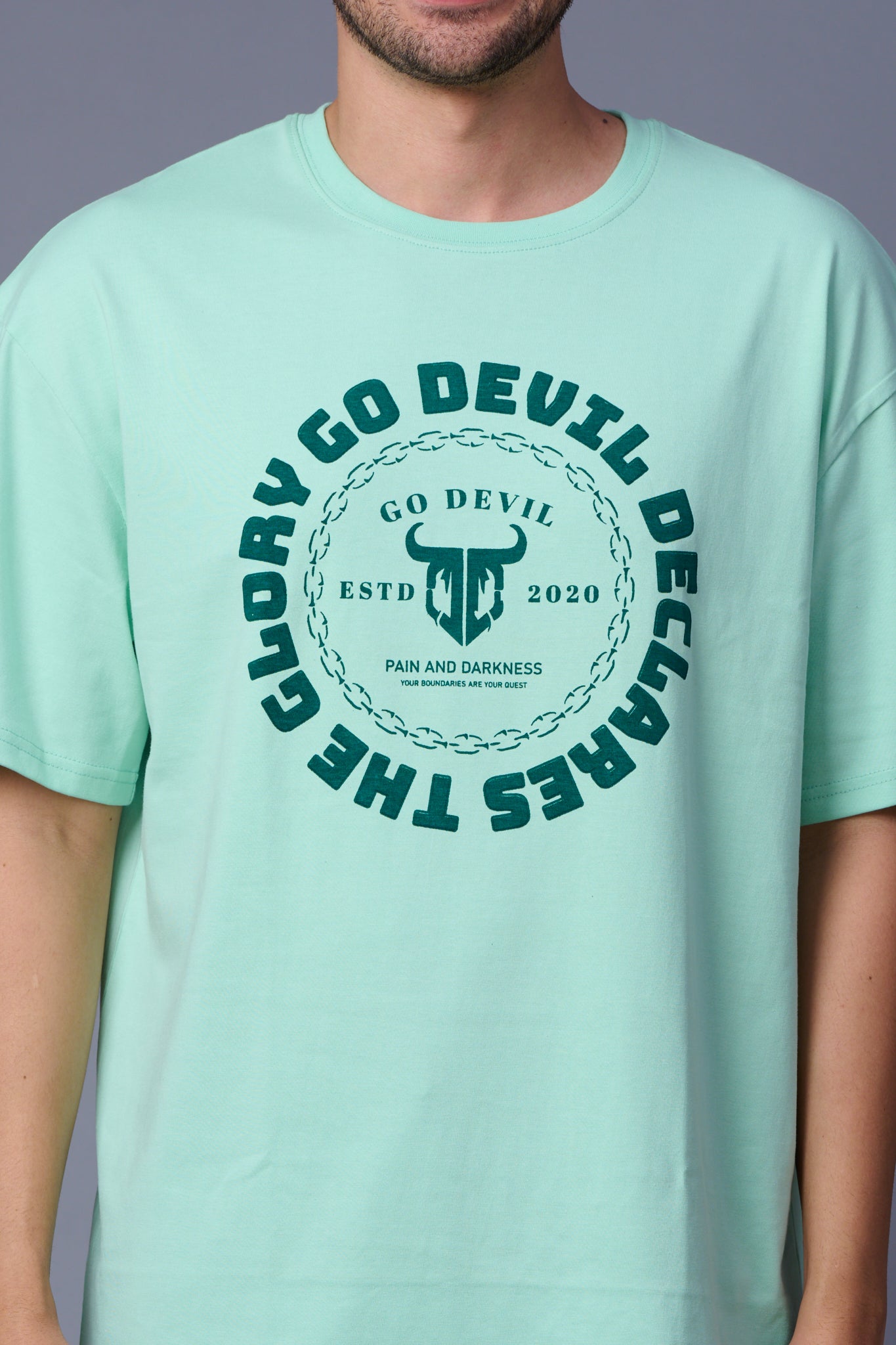 Go Devil Stamp Emblem Logo Printed Oversized T-Shirt for Men