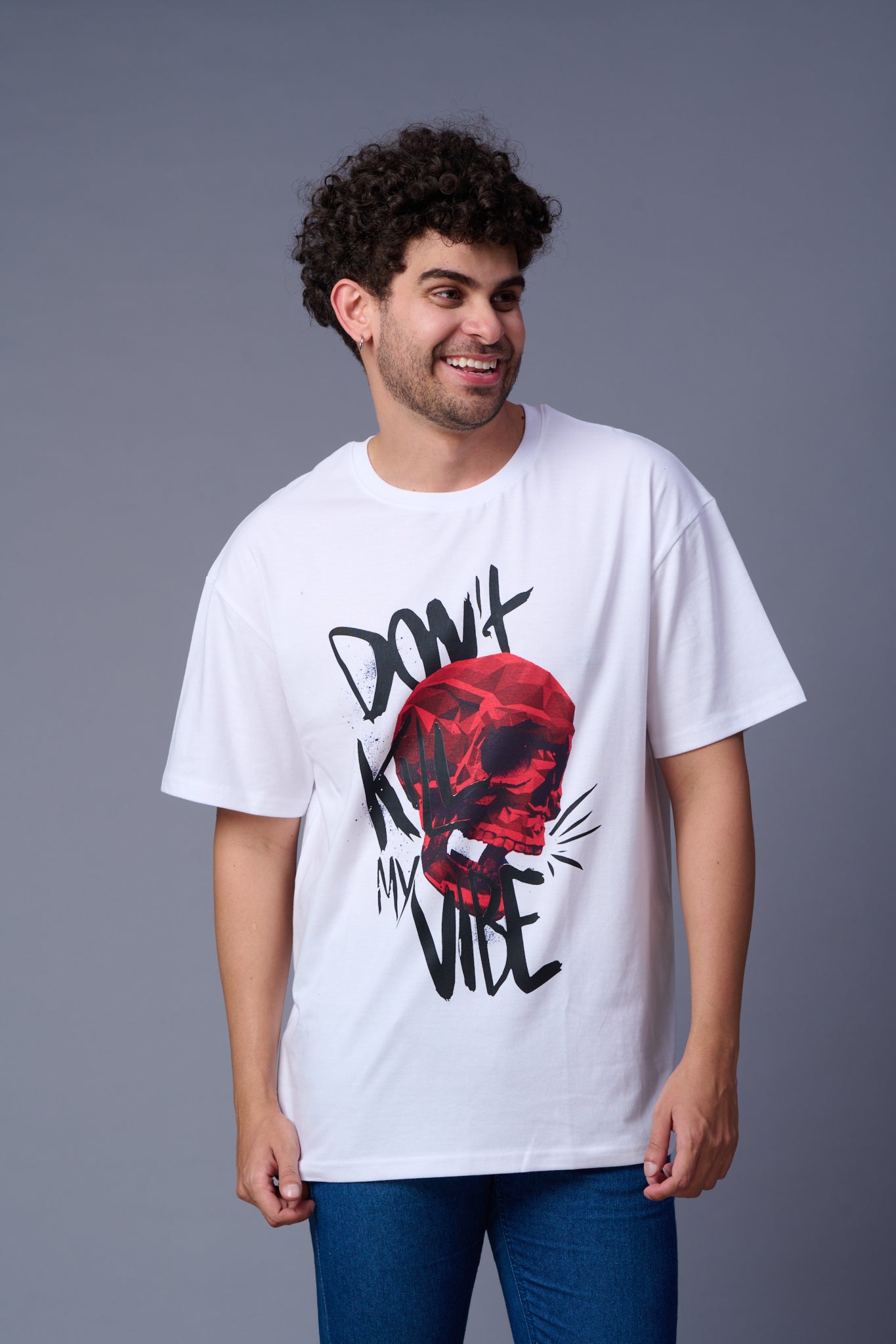 Don't kill my Vibe (with Skull) Printed White Oversized T-Shirt for Men