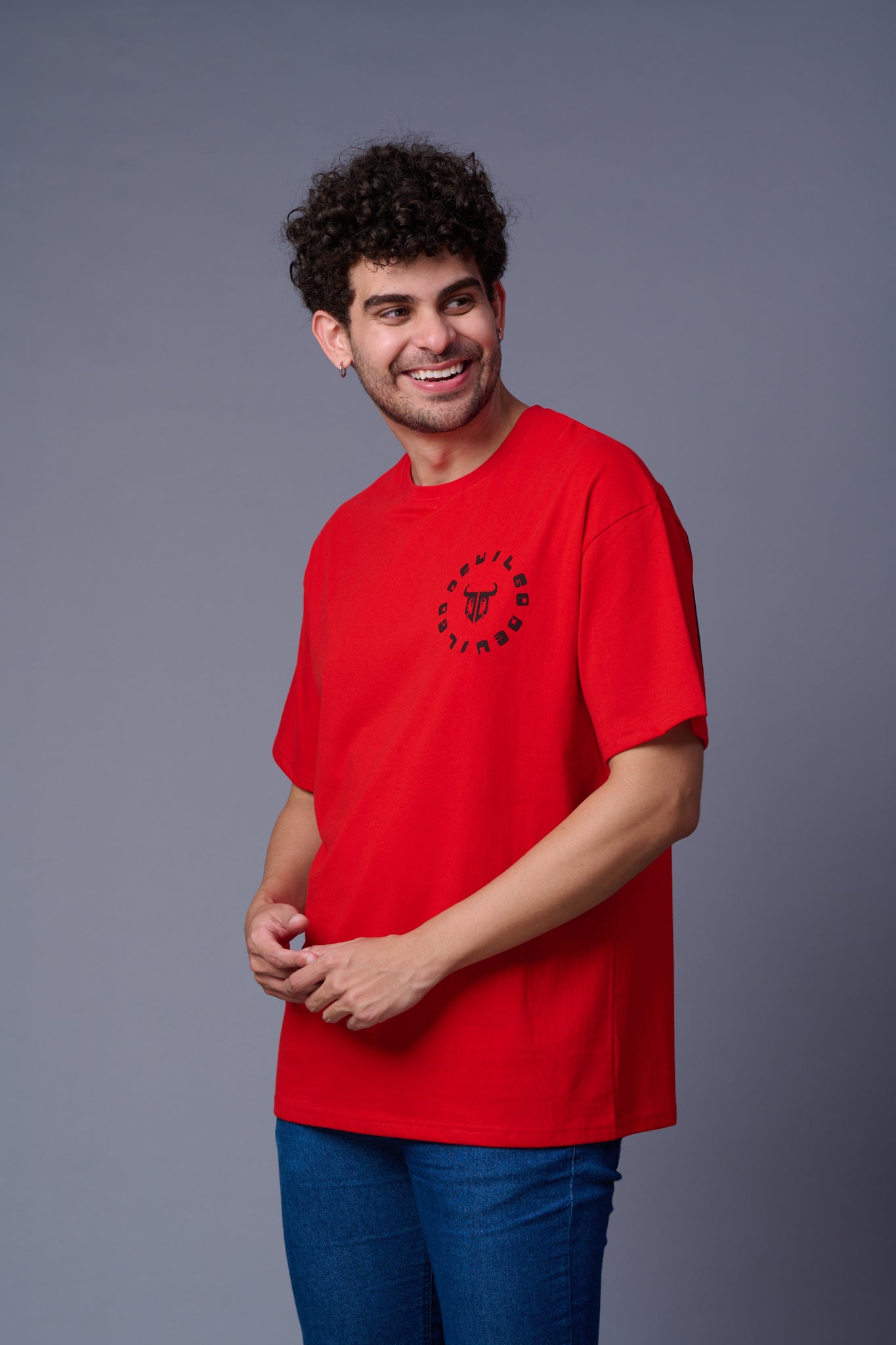 Go Devil in Black Printed Red Oversized T-Shirt for Men