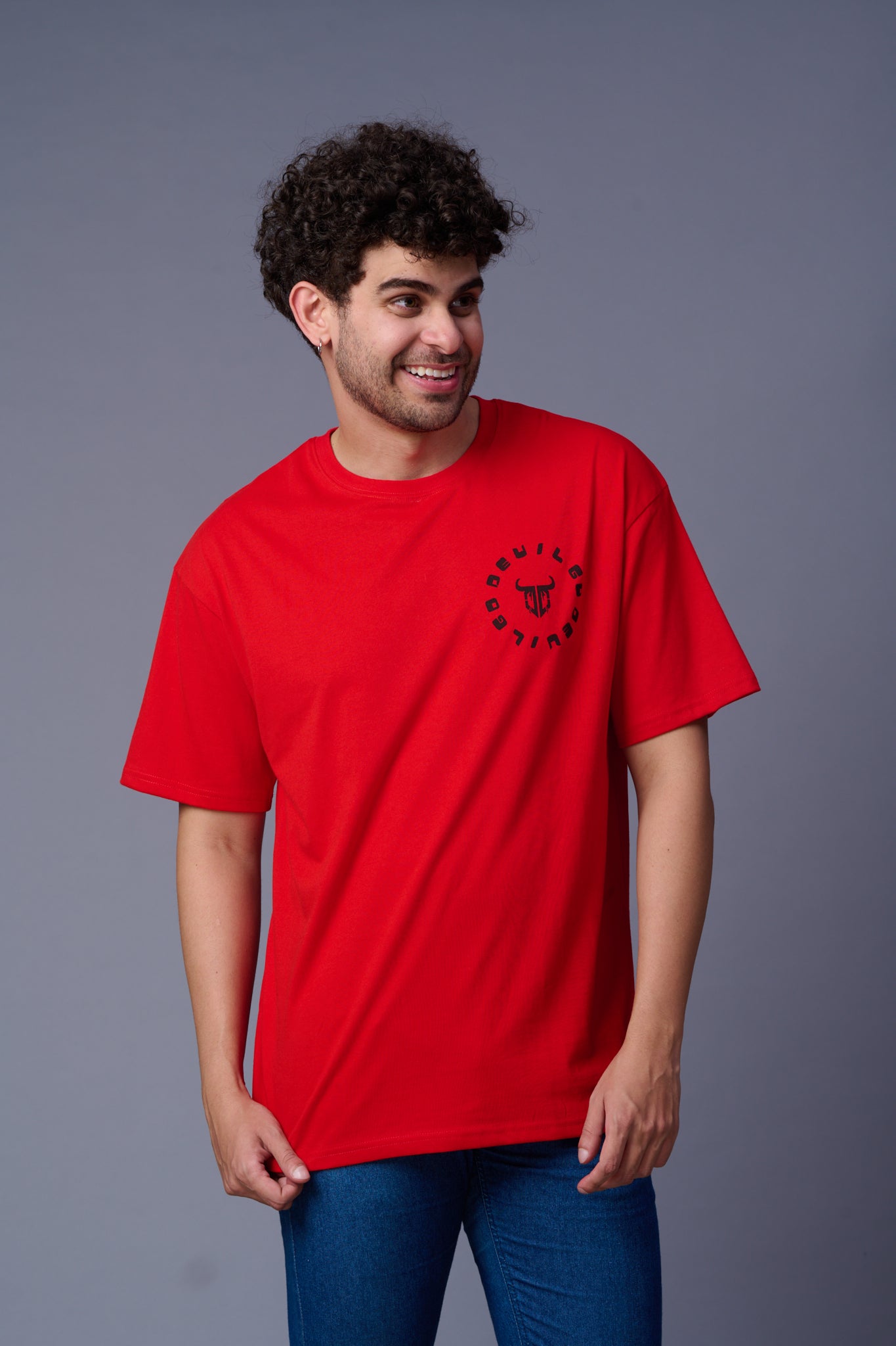 Go Devil in Black Printed Red Oversized T-Shirt for Men