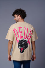 Devil Tiger in Red Printed (with Tiger) Ivory Oversized T-Shirt for Men