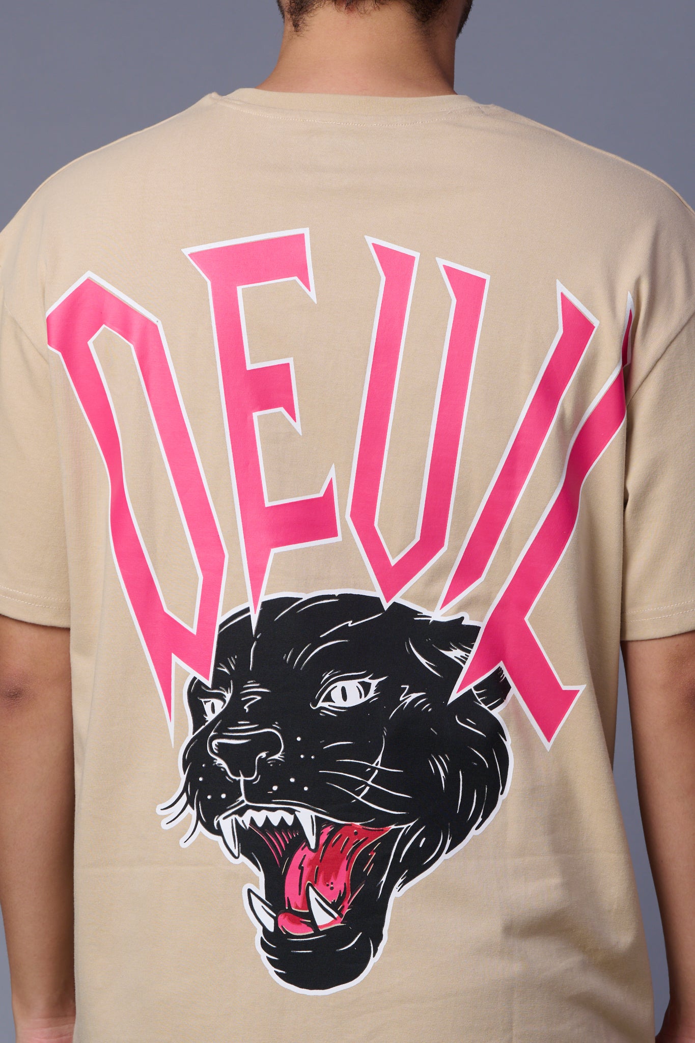 Devil Tiger in Red Printed (with Tiger) Ivory Oversized T-Shirt for Men