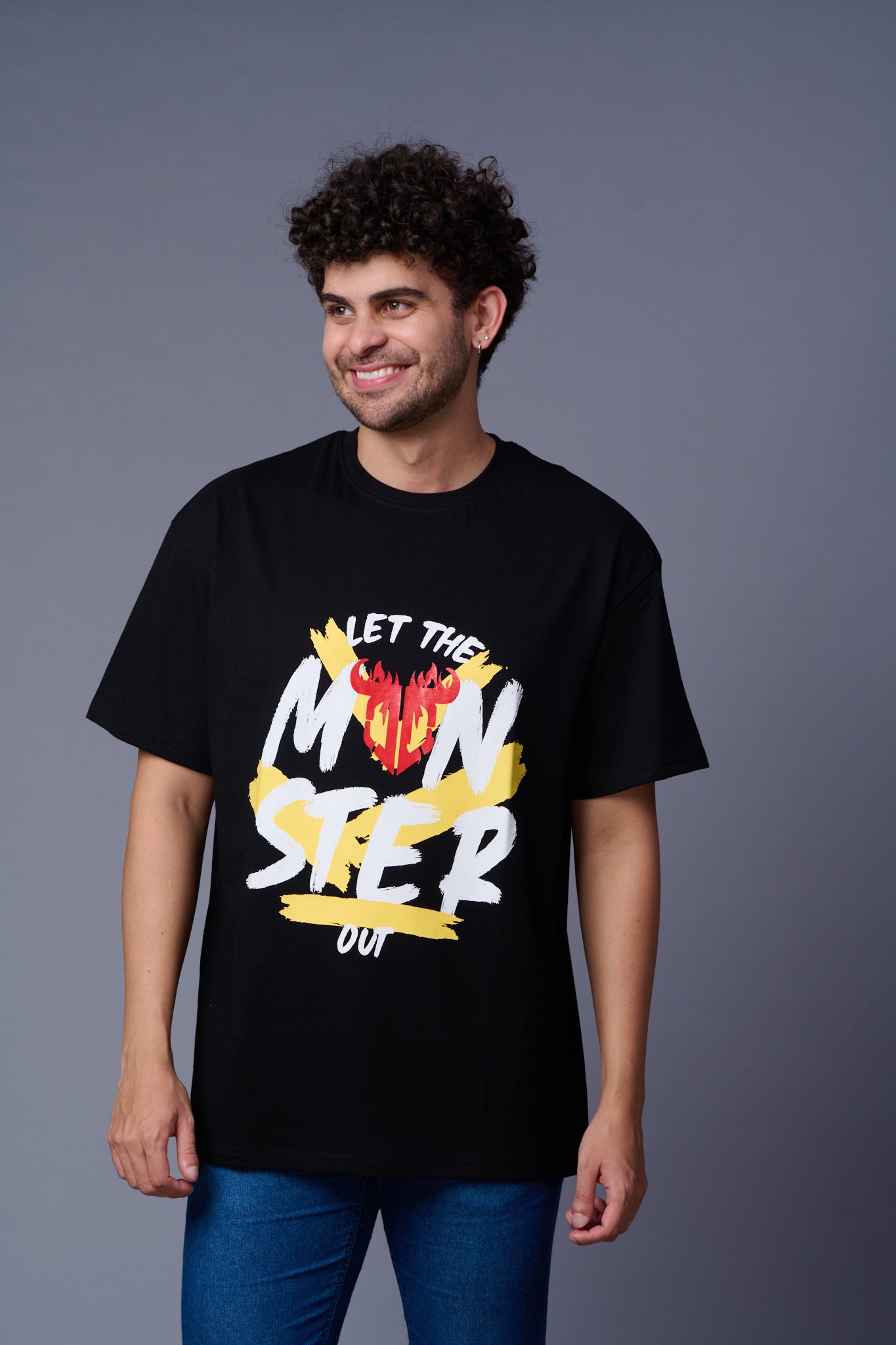 Let the Monster Out Printed Black Oversized T-Shirt for Men