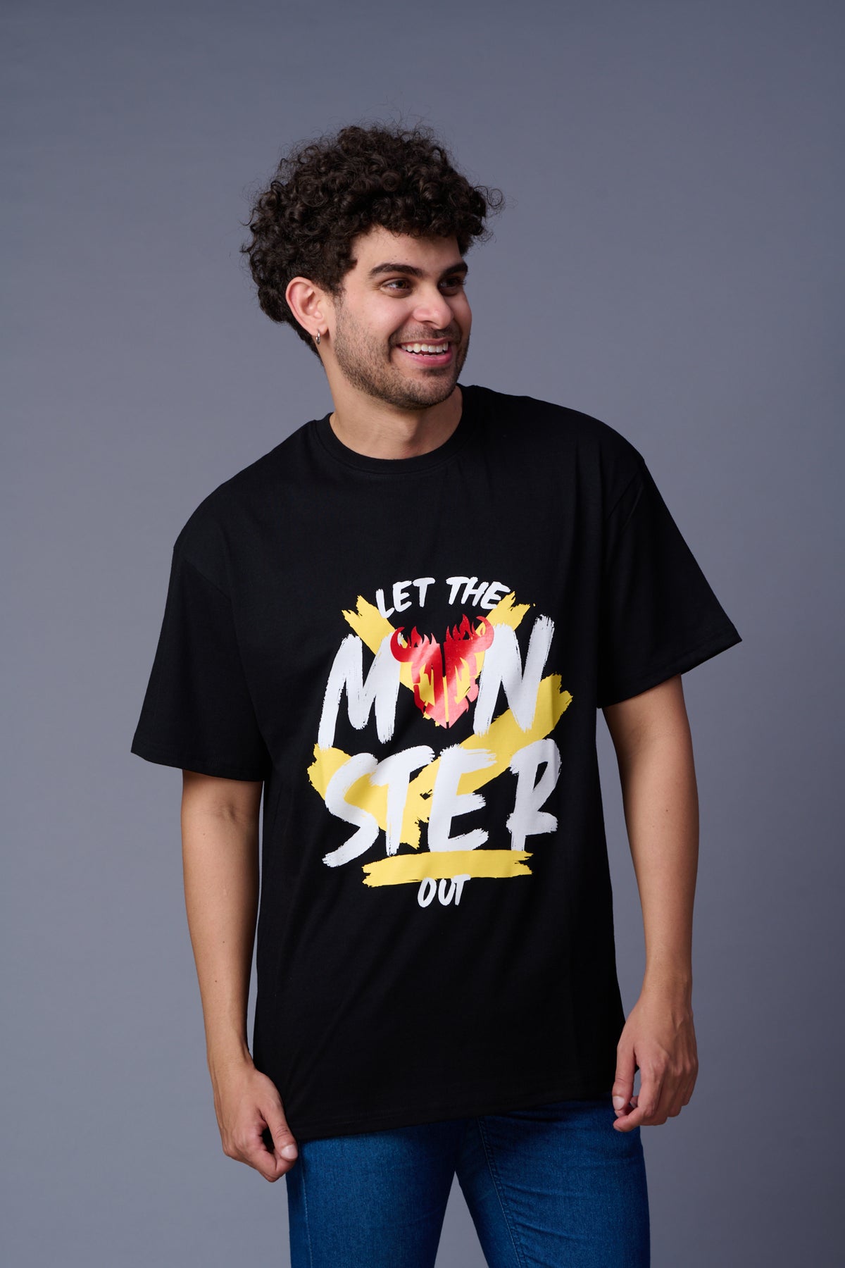 Let the Monster Out Printed Black Oversized T-Shirt for Men