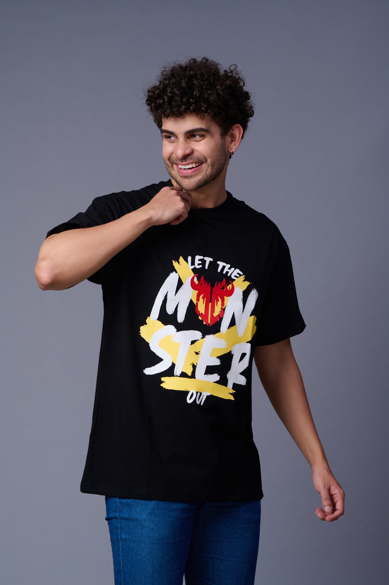 Let the Monster Out Printed Black Oversized T-Shirt for Men