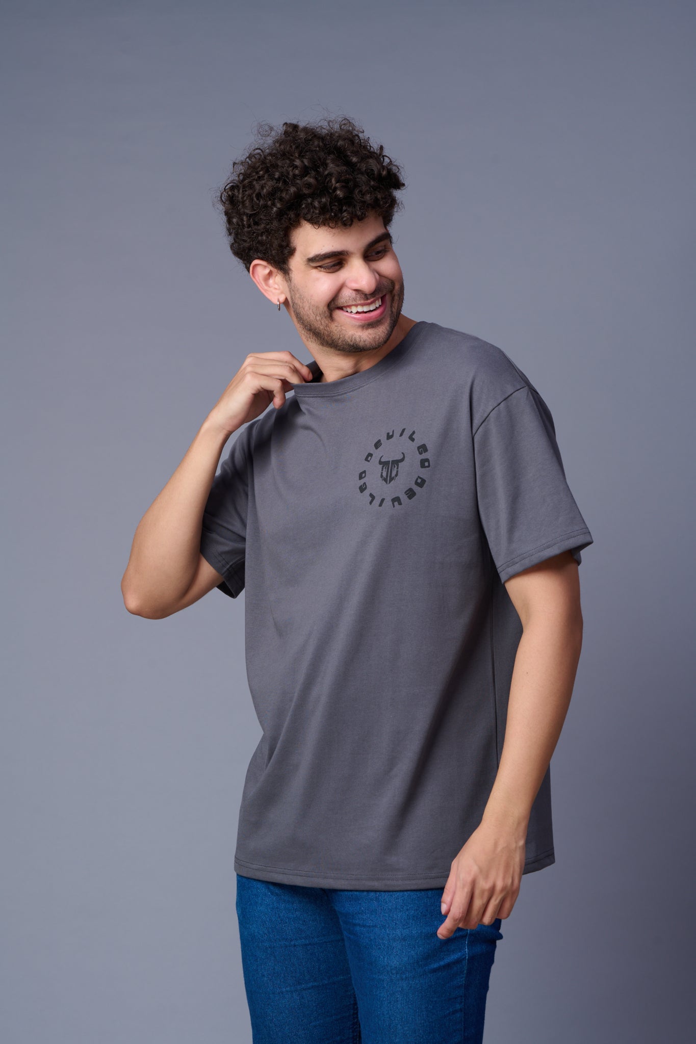 Go Devil in Black Printed Grey Oversized T-Shirt for Men