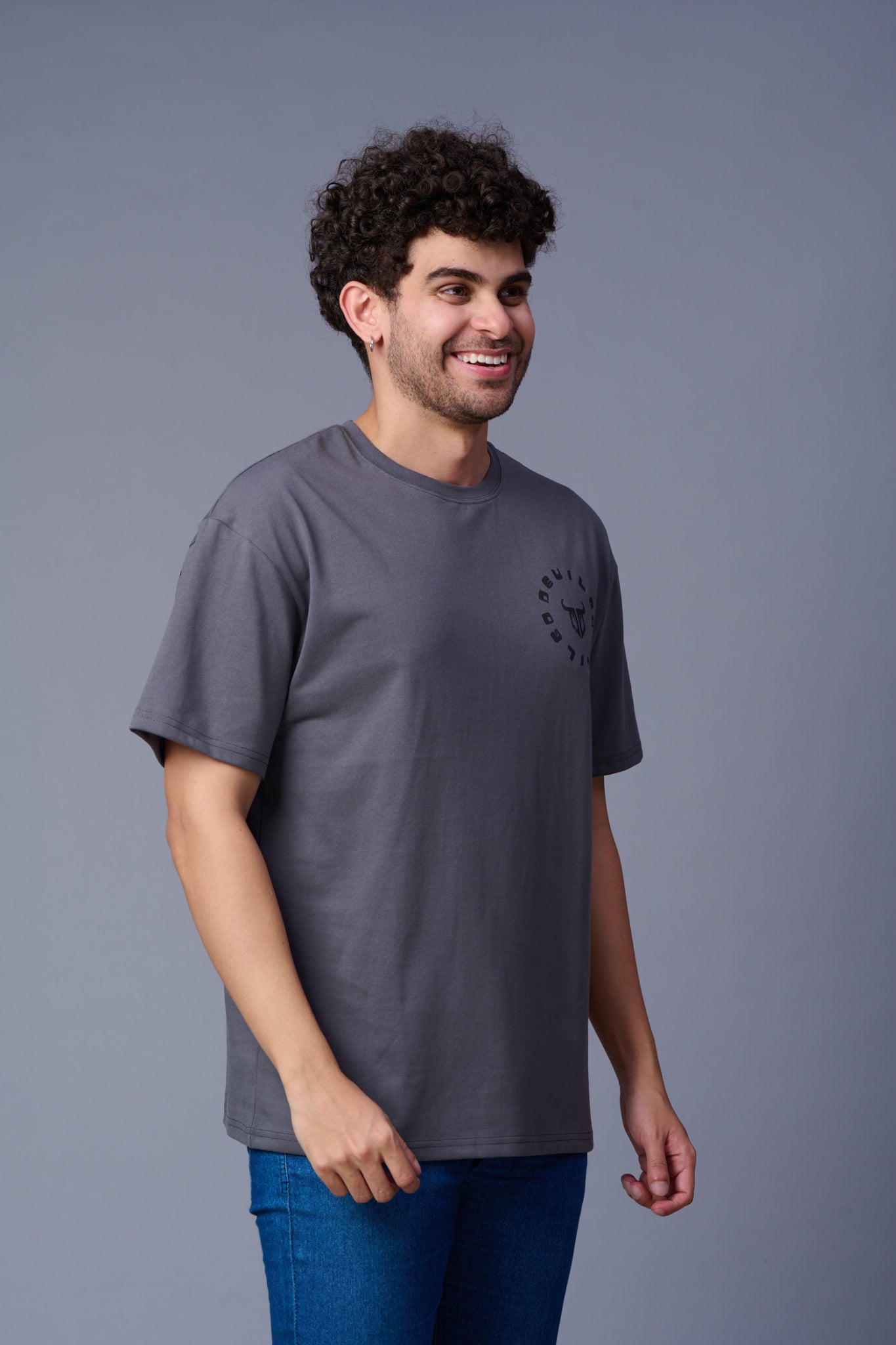 Go Devil in Black Printed Grey Oversized T-Shirt for Men