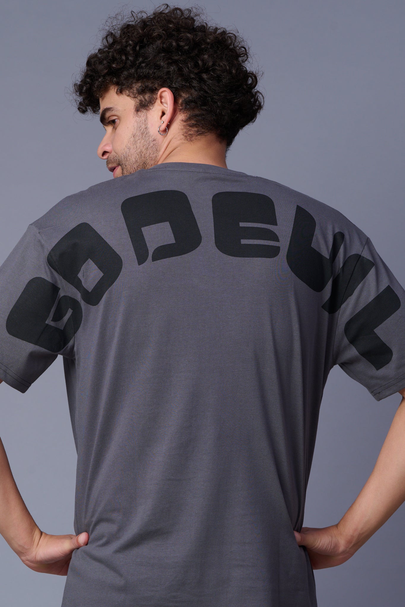 Go Devil in Black Printed Grey Oversized T-Shirt for Men