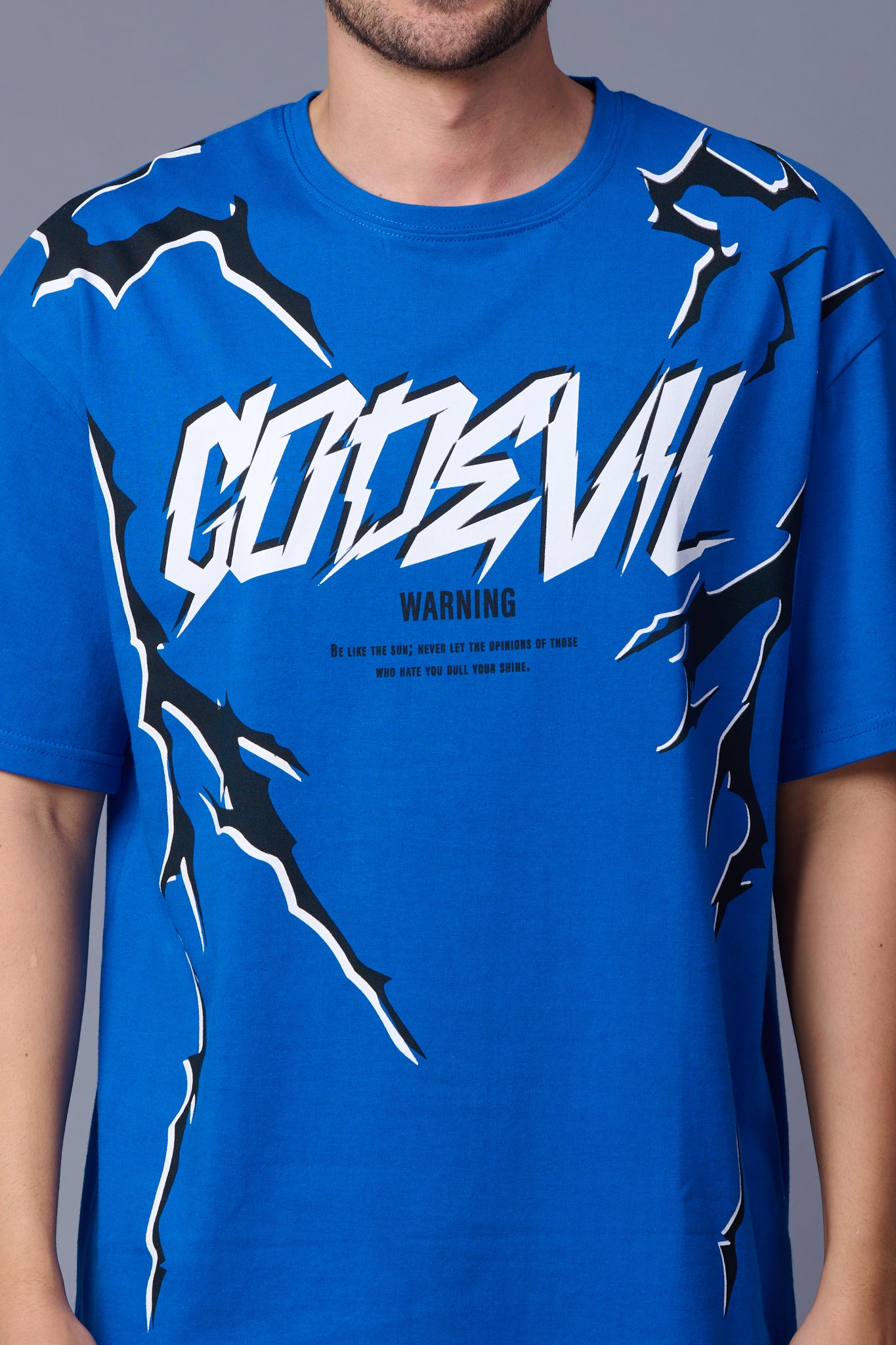 Go Devil Lightening Printed Royal Blue Oversized T-Shirt for Men