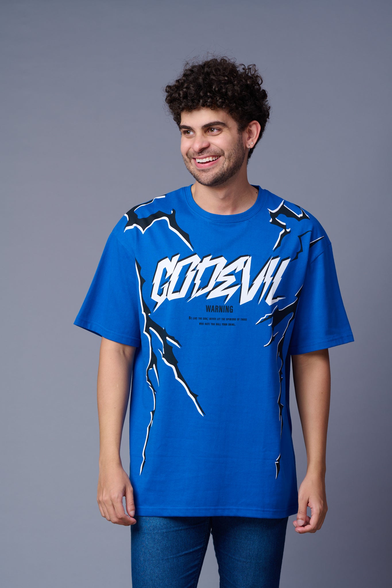 Go Devil Lightening Printed Royal Blue Oversized T-Shirt for Men