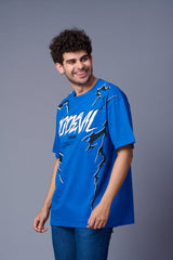 Go Devil Lightening Printed Royal Blue Oversized T-Shirt for Men