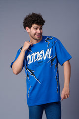 Go Devil Lightening Printed Royal Blue Oversized T-Shirt for Men