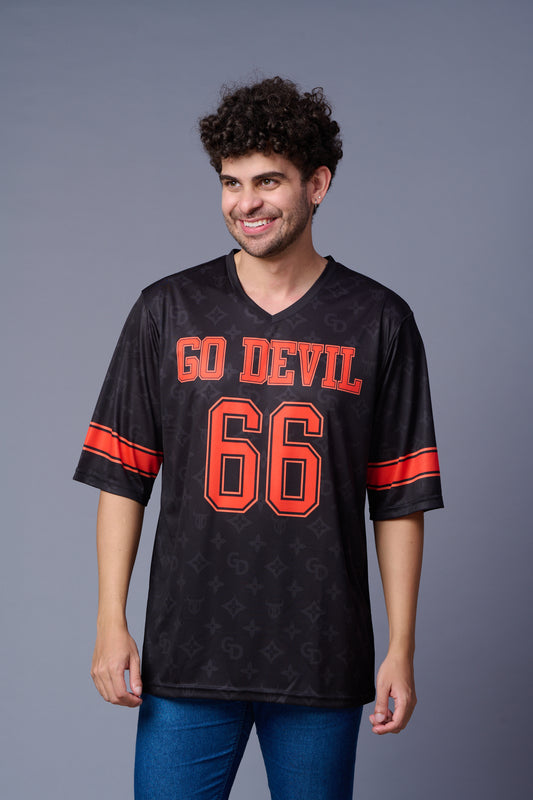 Go Devil 66 in Red Printed Black Oversized T-Shirt for Men