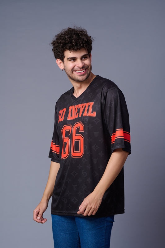 Go Devil 66 in Red Printed Black Oversized T-Shirt for Men