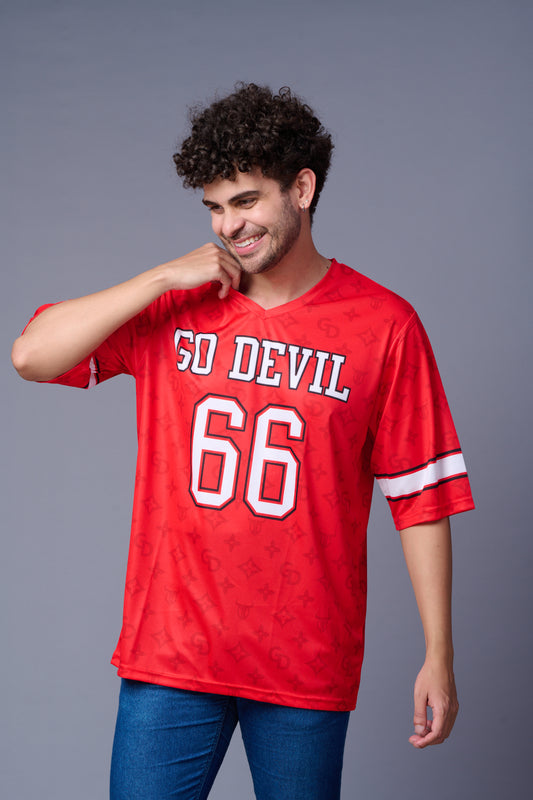 Go Devil 66 (In White) Printed Red Oversized T-Shirt for Men