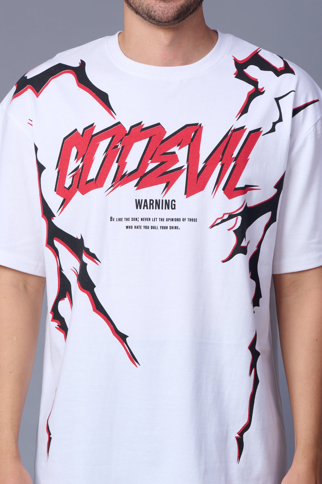 Go Devil Lightening Printed White Oversized T-Shirt for Men