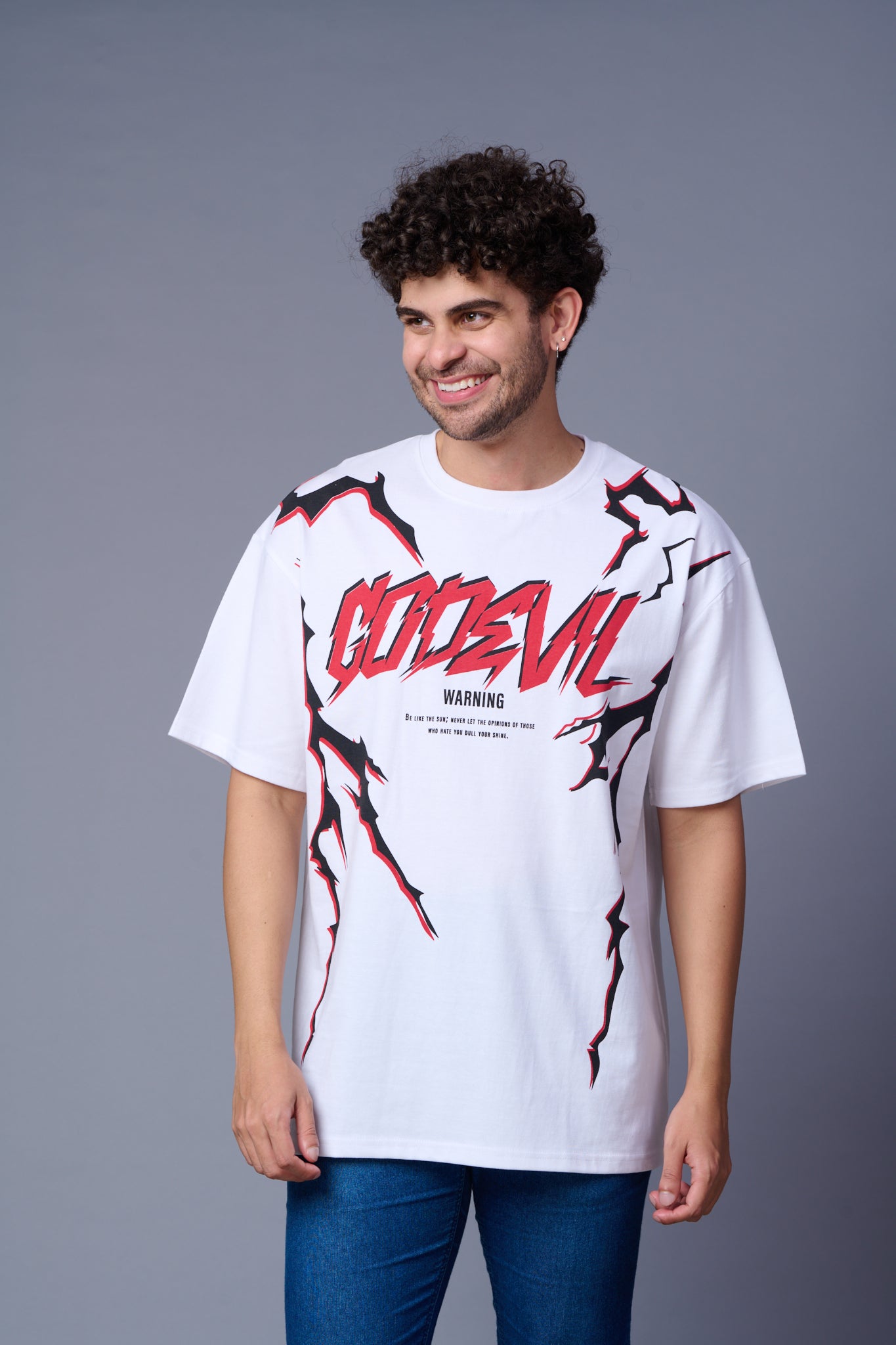 Go Devil Lightening Printed White Oversized T-Shirt for Men