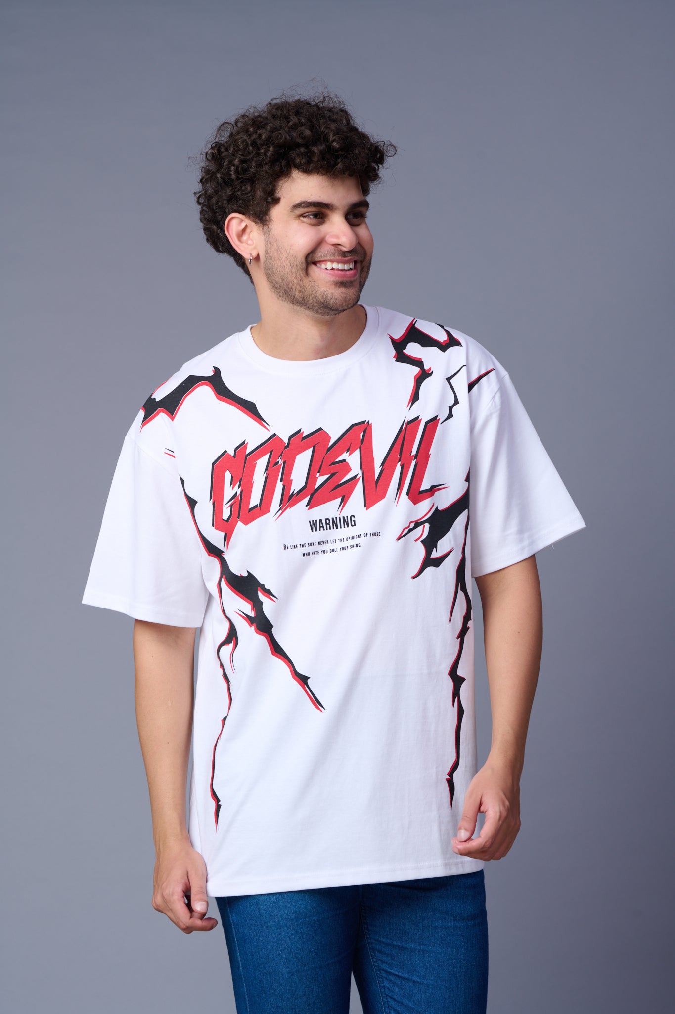 Go Devil Lightening Printed White Oversized T-Shirt for Men