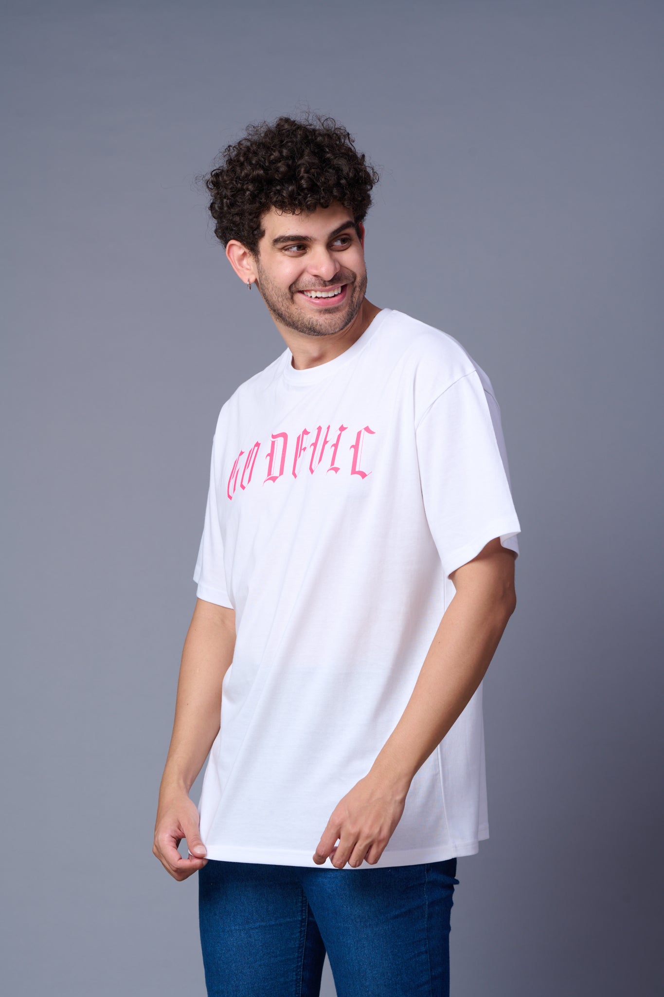 Devil Tiger In Pink printed White Oversized T-Shirt for Men