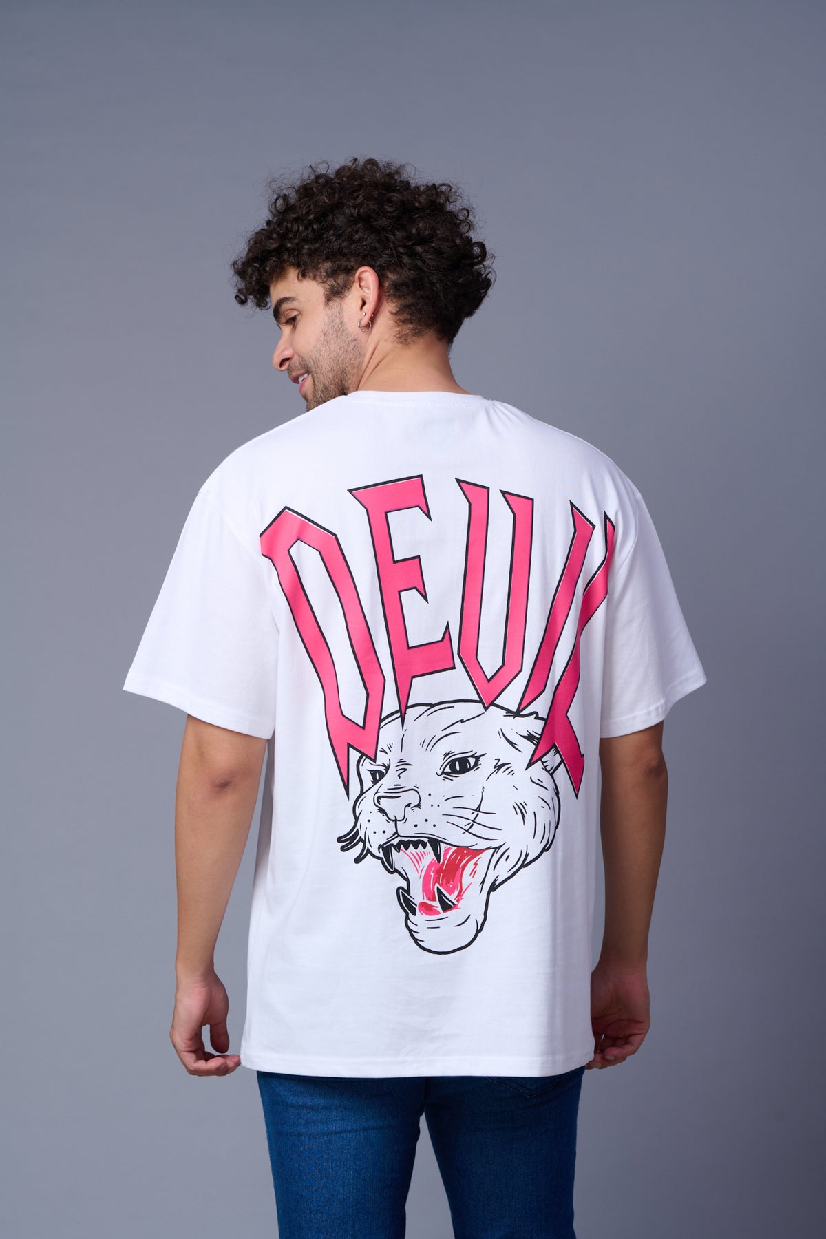 Devil Tiger In Pink printed White Oversized T-Shirt for Men