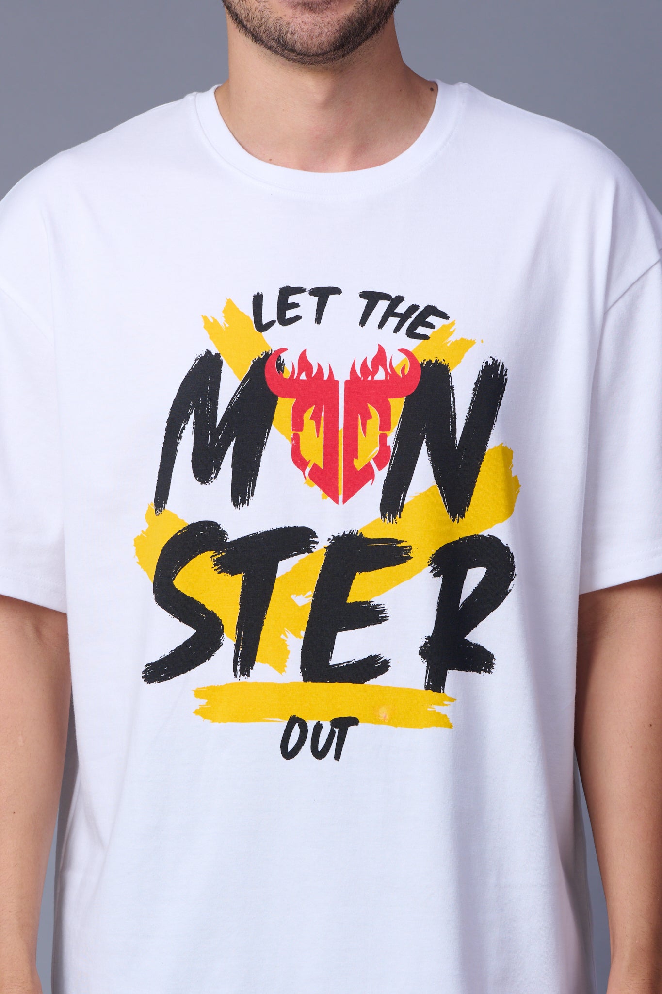 Let The Monster Out Printed White Oversized T-Shirt for Men