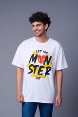 Let The Monster Out Printed White Oversized T-Shirt for Men