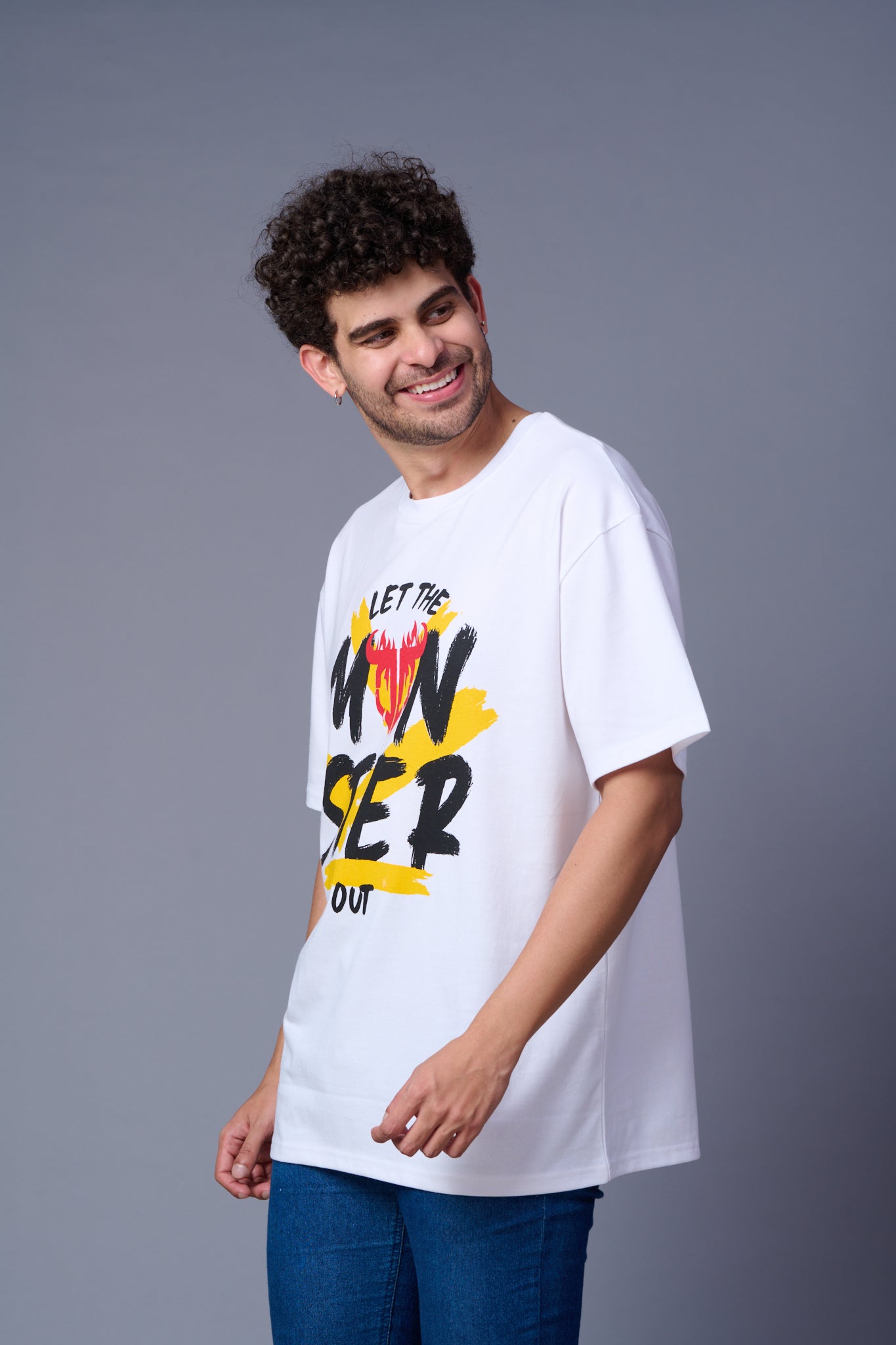 Let The Monster Out Printed White Oversized T-Shirt for Men