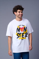 Let The Monster Out Printed White Oversized T-Shirt for Men